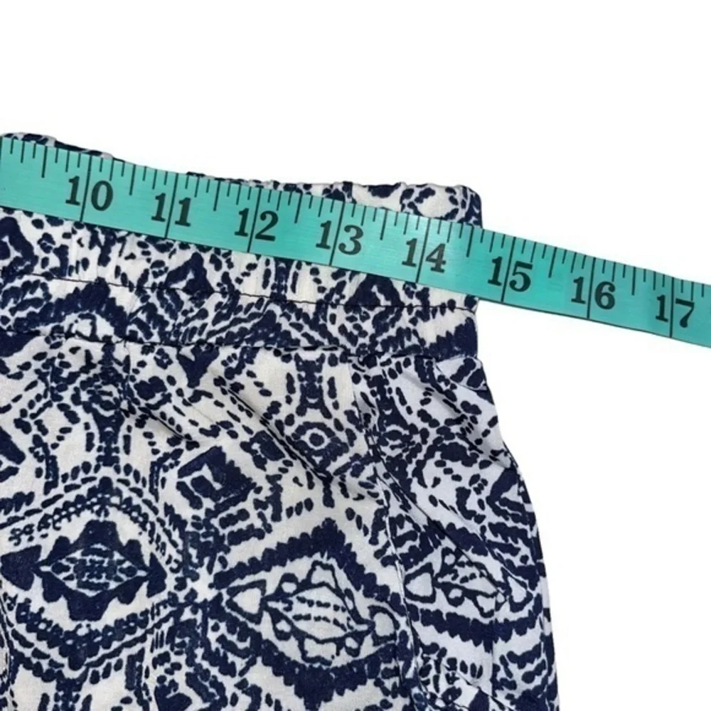 Navy Blue Geometric Diamond Print Wide Leg Pants Elastic Waist Pockets Boho #251